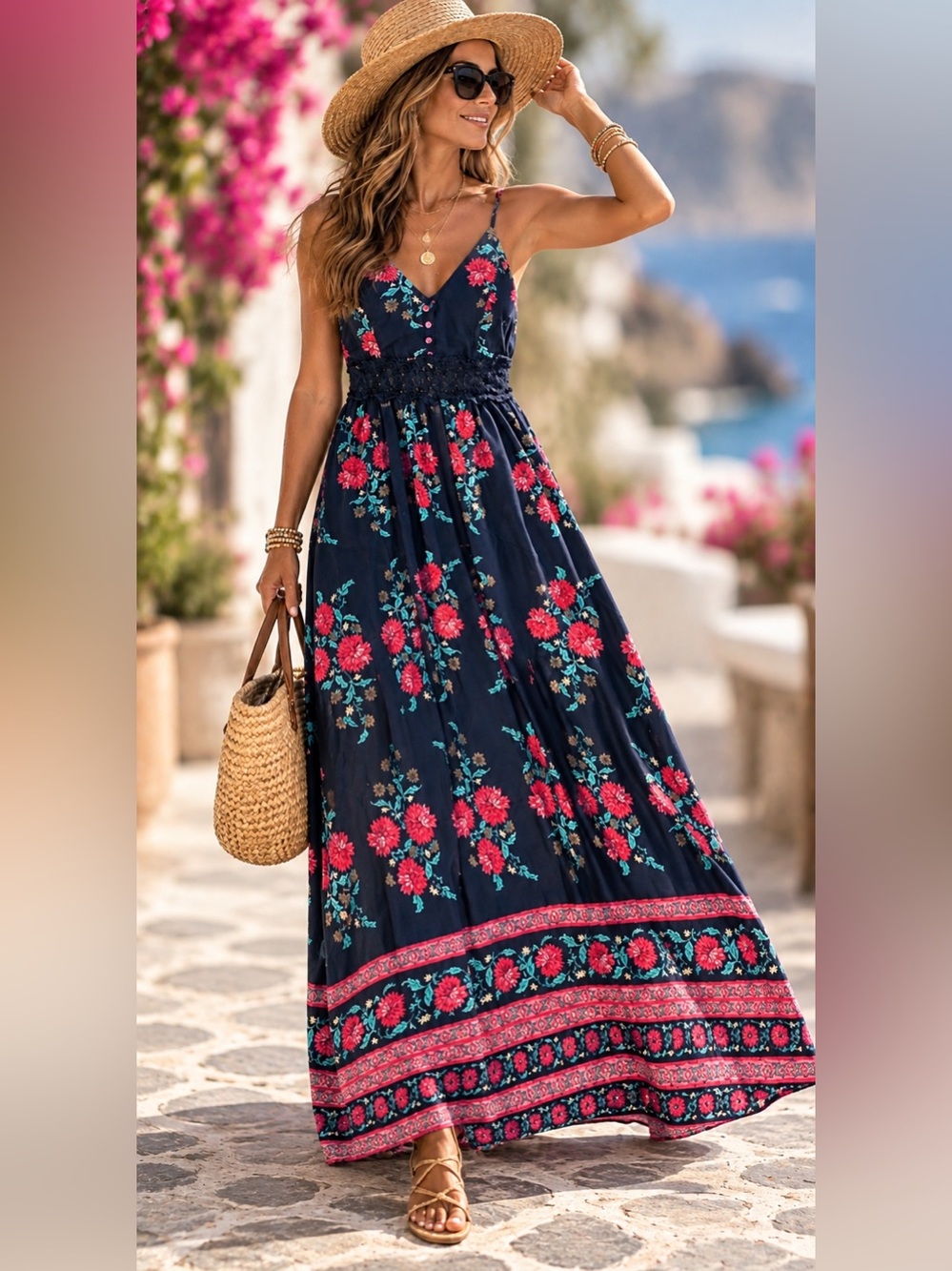 Pink Lily Boho Floral Maxi Dress - Navy with Pink Roses